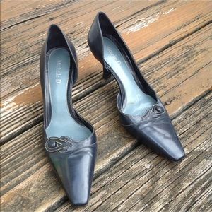 Michelle D Navy Pumps Sz 7.5 Pointy Toe High Heels Dark Blue Leather Shoes